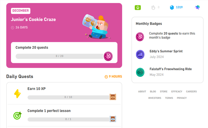 Duolingo user interface showing points, badges, and gamified daily quests that visually track progress and encourage engagement using the Endowed Progress Effect.