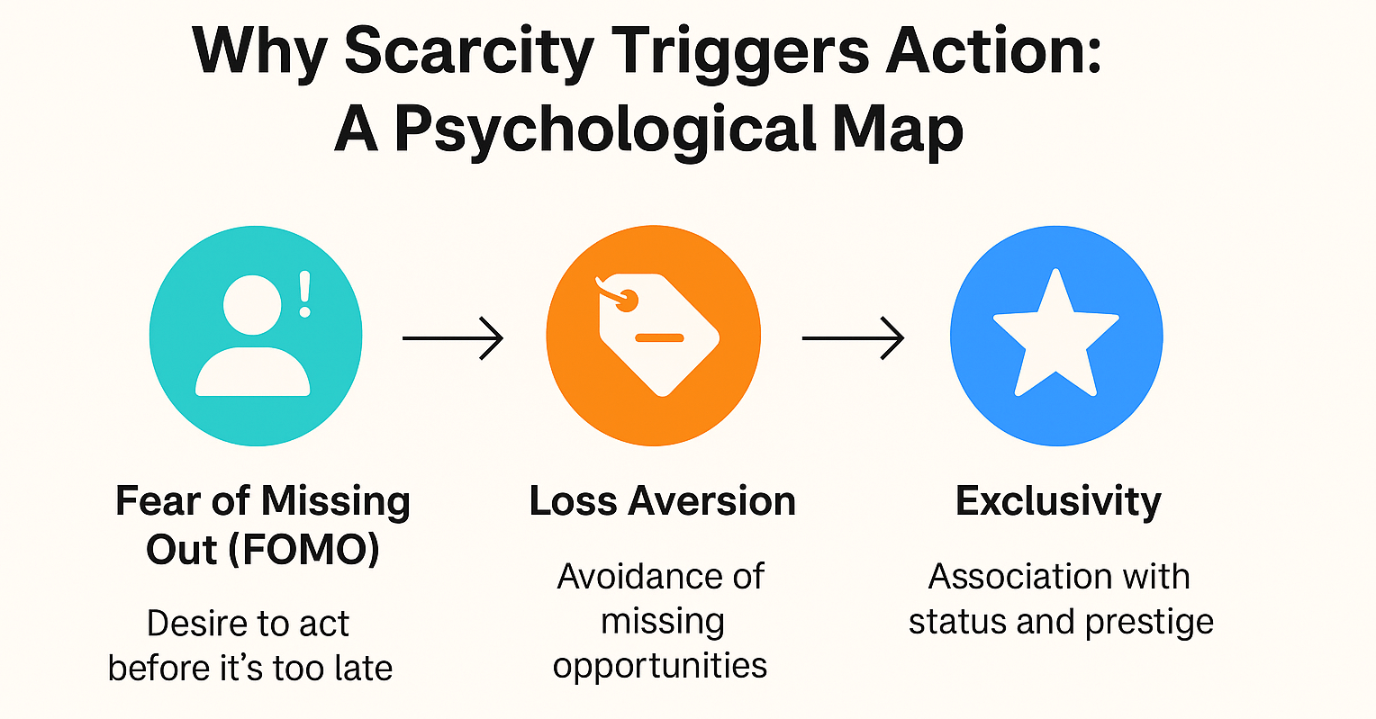 Infographic illustrating the psychology behind the scarcity principle, including fear of missing out (FOMO), loss aversion, and exclusivity, with icons and brief explanations for each concept.