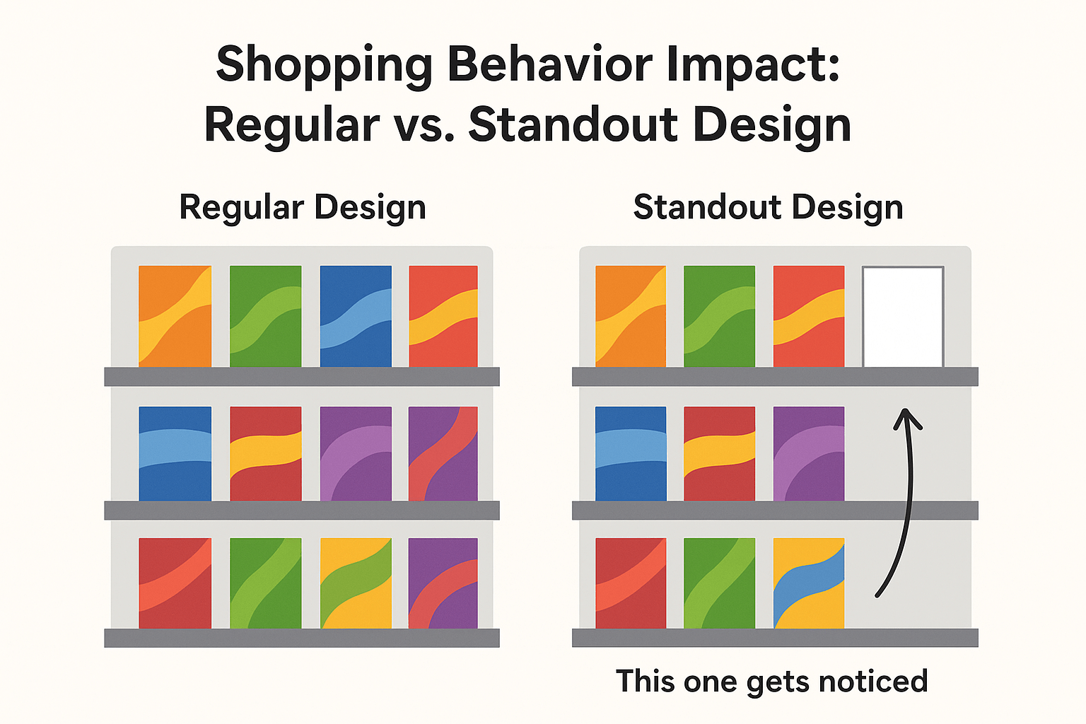 A visual comparison of shopping behavior impact between regular and standout product designs. The left side shows shelves filled with uniformly colorful packaging, while the right side includes one plain white package among similar products, highlighted as “This one gets noticed.”