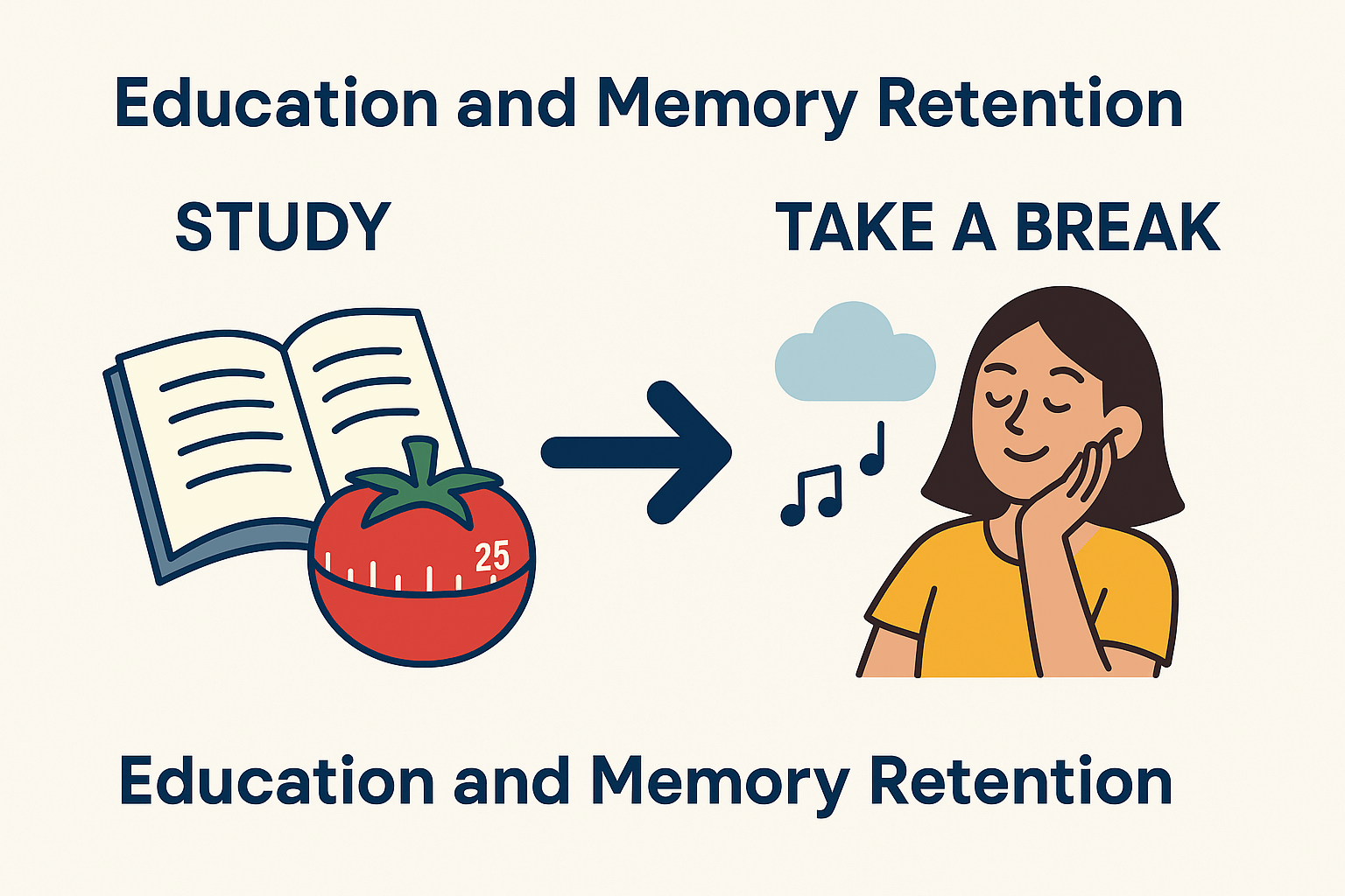 Illustration of the Zeigarnik Effect in education, showing a Pomodoro timer for study and a relaxing break to enhance memory retention.