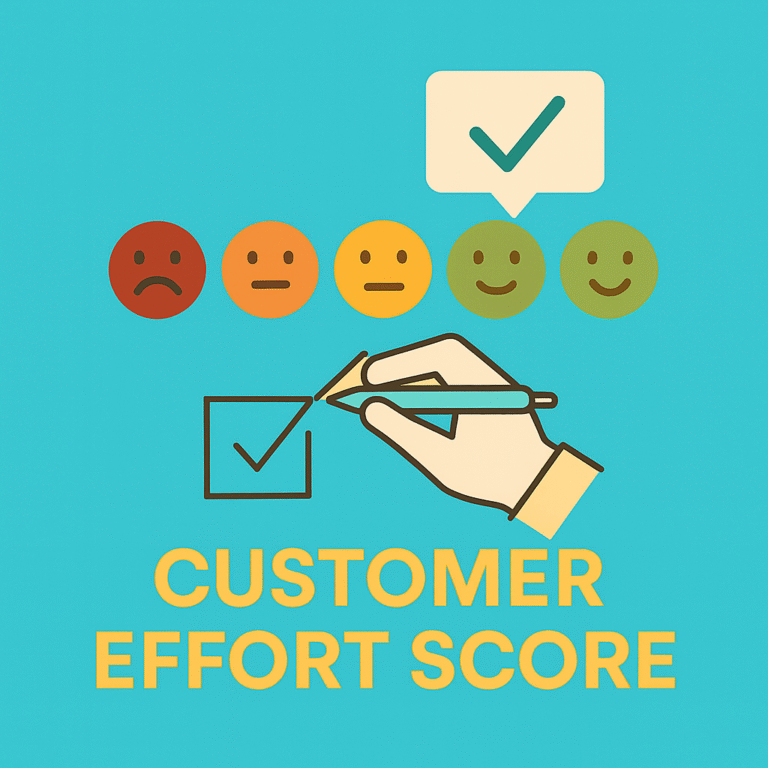 Customer Effort Score concept illustration showing a hand checking a box on a survey, emoticon faces from unhappy to happy, and bold “Customer Effort Score” text on a vibrant turquoise background.