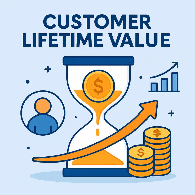 Customer Lifetime Value (CLV) infographic featuring an hourglass with coins, a user icon, a rising arrow, and a bar chart, symbolising long-term customer value and business growth.