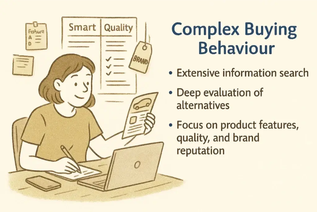 Illustration of complex buying behaviour: A woman researches products at her desk, comparing features and quality before making a high-involvement purchase.