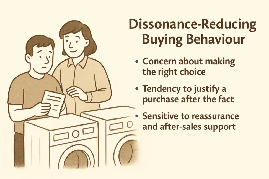 Illustration of dissonance-reducing buying behaviour: A customer looks uncertain between two similar washing machines while a shop assistant offers reassurance.