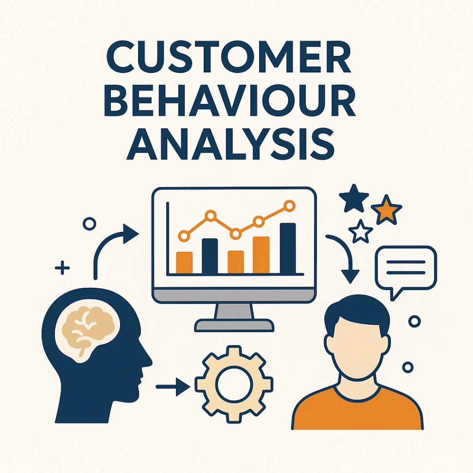 Illustration of customer behaviour analysis showing data charts, human profile with brain, predictive analytics, and marketing insights for understanding consumer behaviour.