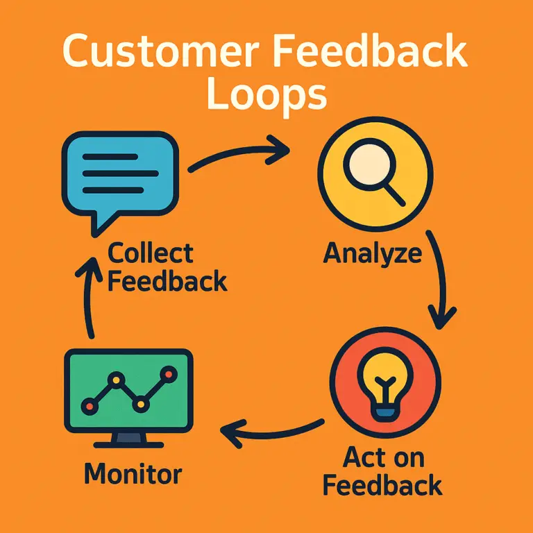 A colorful infographic showing the four stages of customer feedback loops, Collect Feedback, Analyze, Act on Feedback, and Monitor, arranged in a circular flow with icons for each step on an orange background.