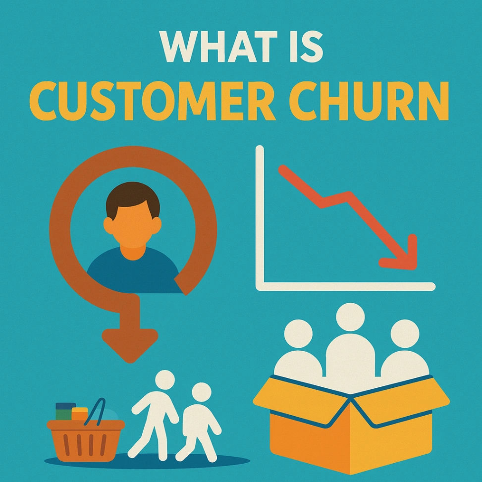 Flat design illustration showing “What is Customer Churn” with a downward trend graph, a customer icon, people leaving, and a box, representing the concept of customer churn rate and customer loss in marketing.