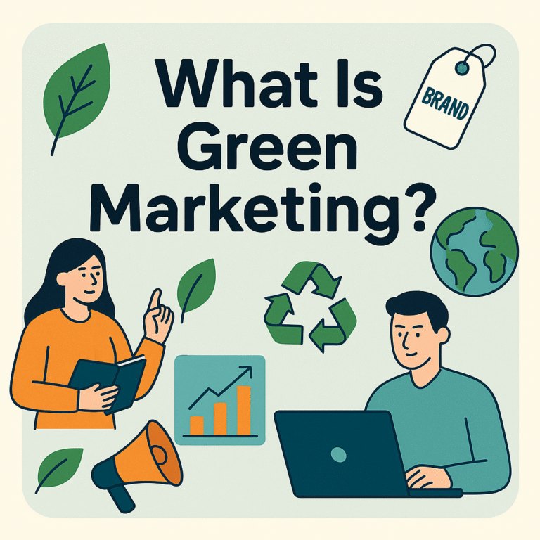 Illustration showing “What Is Green Marketing?” with business people, eco-friendly icons like recycling, leaves, a globe, brand tag, and marketing symbols to represent sustainable marketing strategies.