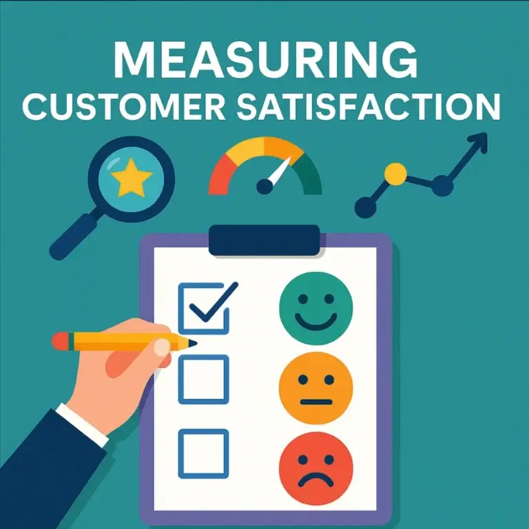 Illustration showing a clipboard survey, customer satisfaction emoticons, NPS gauge, and the text 'Measuring Customer Satisfaction' centered at the top.