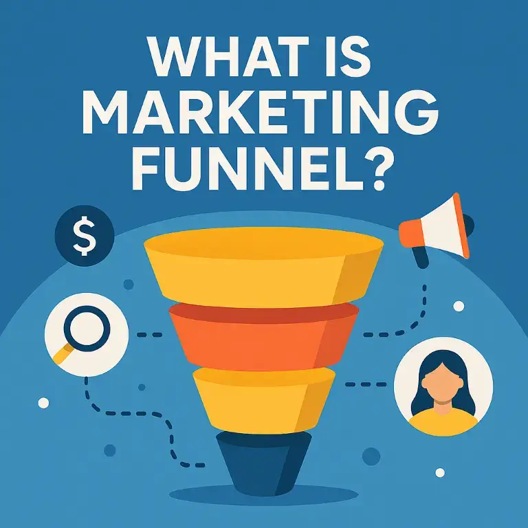 Illustration of a marketing funnel with icons for money, search, megaphone, and customer, explaining the concept of what a marketing funnel is.