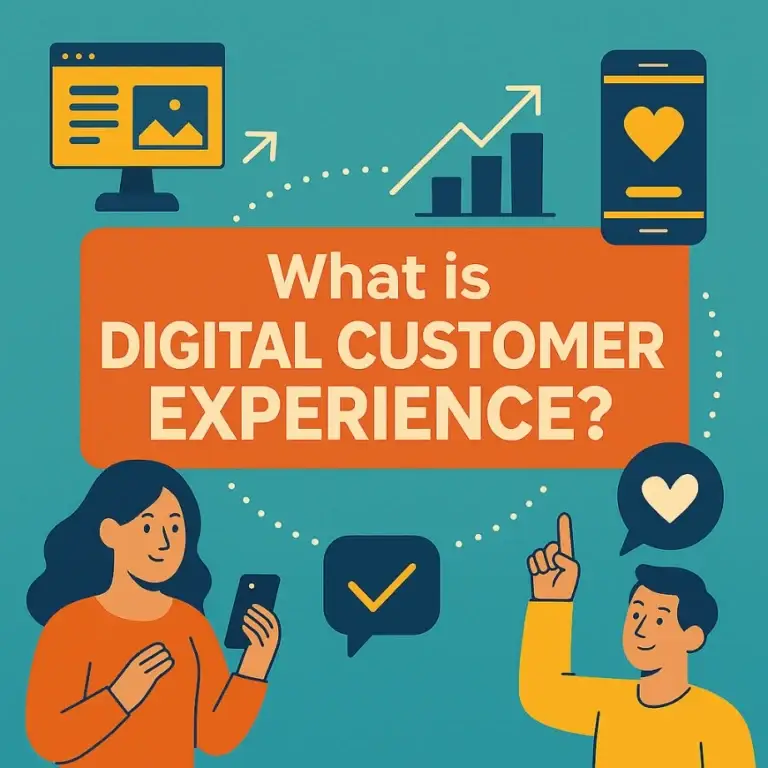 Illustration showing “What is Digital Customer Experience?” with two people interacting, icons for website, smartphone, analytics, and customer engagement, in a flat and modern style.