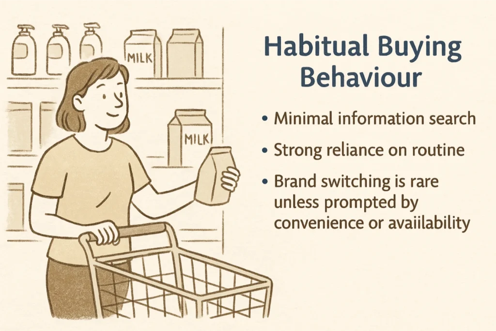 Illustration of habitual buying behaviour: A woman shops for milk in a supermarket, buying out of routine with minimal information search.