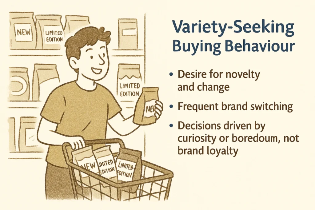 Illustration of variety-seeking buying behaviour: A man happily selects new and limited edition snacks, showing frequent brand switching driven by curiosity.